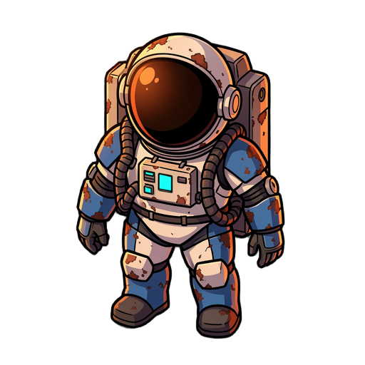 astronauta com traje espacial robusto, estilo pixel art avançado,  armadura azul e branca desgastada, tanque de oxigênio nas costas,  capacete arredondado com viseira escura refletiva,  iluminação quente de pôr do sol marciano,  detalhe tecnológico ciano 