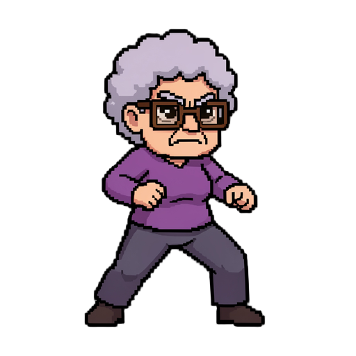 create a high-quality pixel art sprite of a full-body elderly woman in a dynamic combat pose. she has a stern, determined, slightly possessed expression, with thick eyebrows and a serious face. her hair is short, curly, fluffy, and light lavender-gray. sh