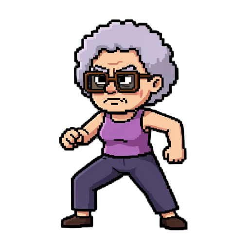 create a high-quality pixel art sprite of a full-body elderly woman in a dynamic combat pose. she has a stern, determined, slightly possessed expression, with thick eyebrows and a serious face. her hair is short, curly, fluffy, and light lavender-gray. sh