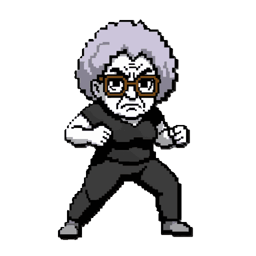create a high-quality pixel art sprite of a full-body elderly woman in a dynamic combat pose. she has a stern, determined, slightly possessed expression, with thick eyebrows and a serious face. her hair is short, curly, fluffy, and light lavender-gray. sh