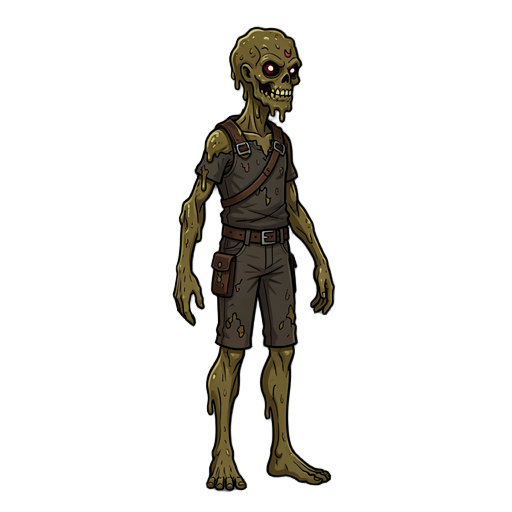a toxic, sludge-like monster with a tall, thin, elongated body. its flesh has a muddy, viscous texture, as if it is made of poisonous slime and decaying mud. it wears worn, dark leather clothing that tightly wraps around its slender body. the creature has