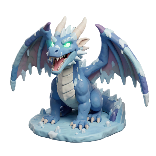 a huge, towering, mighty frost dragon, glowing eyes, sharp teeth, massive wings, lots of ice
