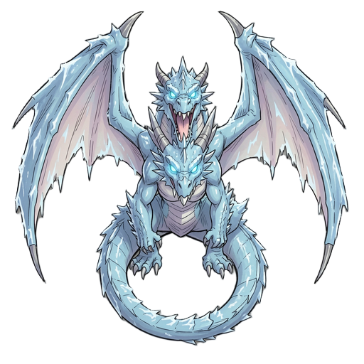 a huge, towering, mighty frost dragon, glowing eyes, sharp teeth, massive wings, lots of ice