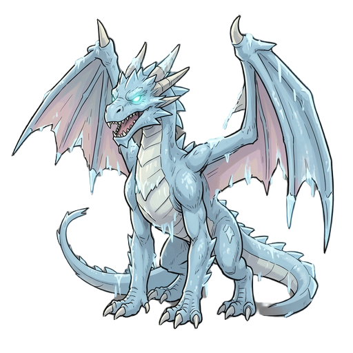 a towering, mighty frost dragon, glowing eyes, sharp teeth, massive wings, lots of ice