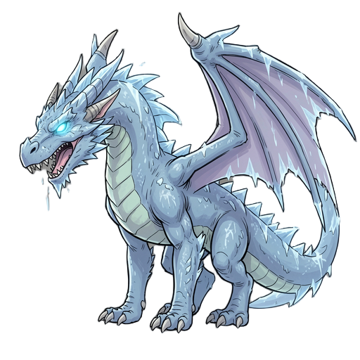 a huge, towering, mighty frost dragon, glowing eyes, sharp teeth, massive wings, lots of ice