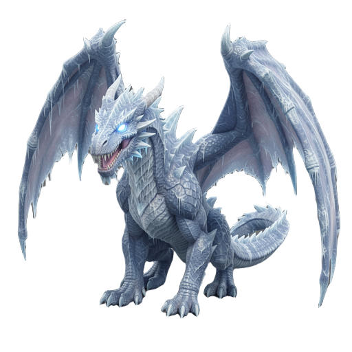 a huge, towering, mighty frost dragon, glowing eyes, sharp teeth, massive wings, lots of ice