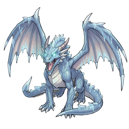 a huge, towering, mighty frost dragon, glowing eyes, sharp teeth, massive wings, lots of ice