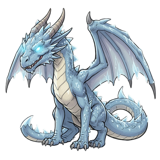 a towering, mighty frost dragon, glowing eyes, sharp teeth, massive wings, lots of ice