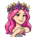anime style portrait bust of a charismatic greek goddess, long wavy bright pink hair, crown of purple roses with gold leaf accents made of highly polished glossy gold with sharp bright white specular highlights, sparkling metallic shine, reflective gold g