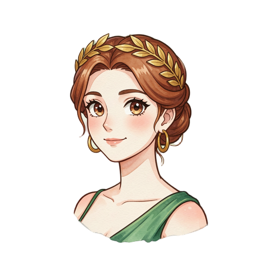 anime style portrait bust of a warm greek goddess, auburn/brown hair in an elegant updo, golden laurel leaf headpiece, gold hoop earrings, green dress strap on shoulder, gentle warm smile, large anime eyes, clean bold line art, vibrant cel-shaded coloring