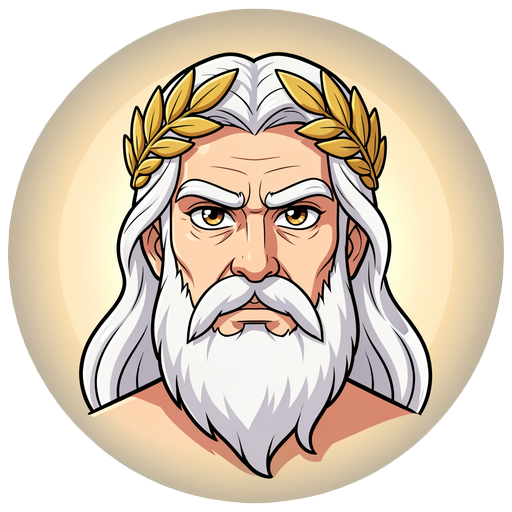 anime style portrait bust of zeus, elderly greek god, long flowing white hair and beard, stern serious expression, golden laurel wreath crown, glossy detailed anime eyes, clean bold line art, vibrant cel-shaded coloring, warm cream/gold radial glow halo b