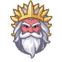 anime style portrait bust of zeus, elderly greek god, long flowing white hair and beard, stern serious expression, golden laurel wreath crown made of highly polished glossy gold leaves with sharp bright white specular highlights, sparkling metallic shine,