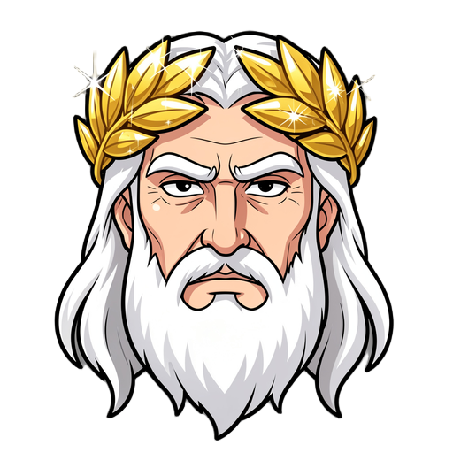 anime style portrait bust of zeus, elderly greek god, long flowing white hair and beard, stern serious expression, golden laurel wreath crown made of highly polished glossy gold leaves with sharp bright white specular highlights, sparkling metallic shine,