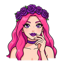 anime style portrait bust of a seductive greek goddess, long wavy bright pink hair, crown of purple roses, glossy purple lipstick, playful flirtatious expression, hand raised near chin/lips, choker necklace, large sparkling anime eyes, clean bold line art