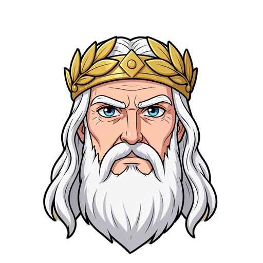 anime style portrait bust of zeus, elderly greek god, long flowing white hair and beard, stern serious expression, golden laurel wreath crown, glossy detailed anime eyes, clean bold line art, vibrant cel-shaded coloring, warm cream/gold radial glow halo b