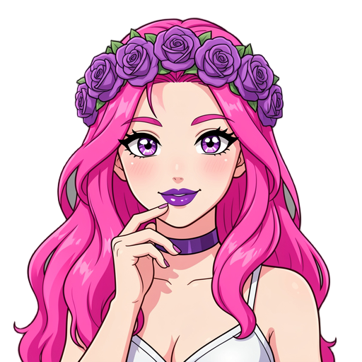 anime style portrait bust of a seductive greek goddess, long wavy bright pink hair, crown of purple roses, glossy purple lipstick, playful flirtatious expression, hand raised near chin/lips, choker necklace, large sparkling anime eyes, clean bold line art