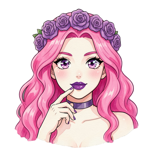 anime style portrait bust of a seductive greek goddess, long wavy bright pink hair, crown of purple roses, glossy purple lipstick, playful flirtatious expression, hand raised near chin/lips, choker necklace, large sparkling anime eyes, clean bold line art