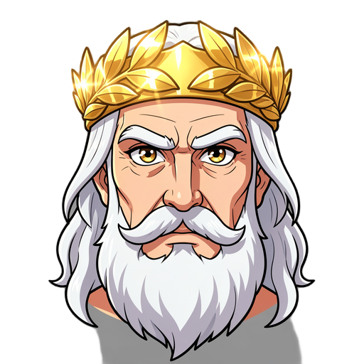 anime style portrait bust of zeus, elderly greek god, long flowing white hair and beard, stern serious expression, golden laurel wreath crown with bright glowing metallic gold highlights and radiant specular shine, glossy detailed anime eyes, clean bold l