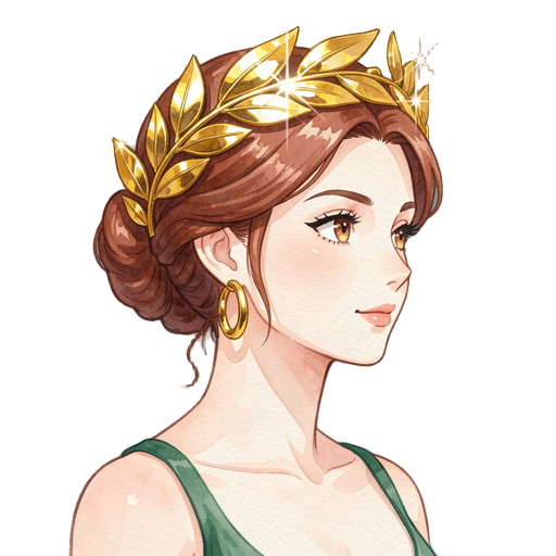 anime style portrait bust of a warm greek goddess, auburn/brown hair in an elegant updo, golden laurel leaf headpiece made of highly polished glossy gold leaves with sharp bright white specular highlights, sparkling metallic shine, reflective gold gloss, 