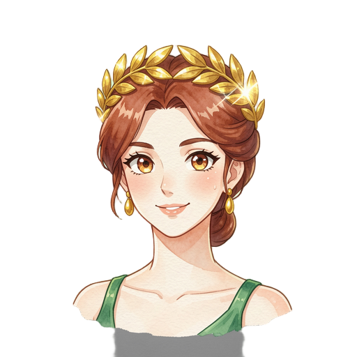 anime portrait bust, warm greek goddess, bright glowing green rim light halo around edge fading to transparent, auburn hair updo, glossy polished gold laurel crown with bright specular highlights, gold earrings, green dress strap, warm smile, large anime 