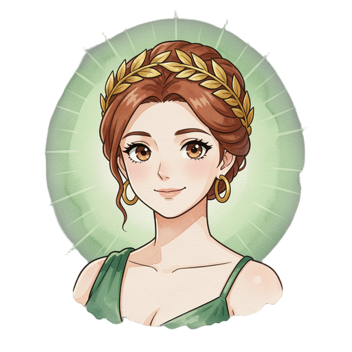anime style portrait bust of a warm greek goddess, auburn/brown hair in an elegant updo, golden laurel leaf headpiece, gold hoop earrings, green dress strap on shoulder, gentle warm smile, large anime eyes, clean bold line art, vibrant cel-shaded coloring