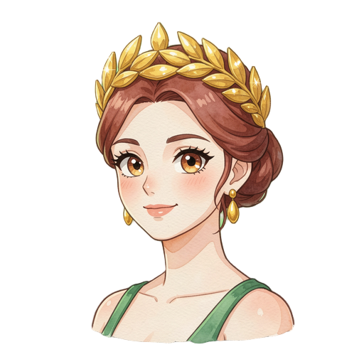 anime portrait bust, warm greek goddess, bright glowing green rim light halo around edge fading to transparent, auburn hair updo, glossy polished gold laurel crown with bright specular highlights, gold earrings, green dress strap, warm smile, large anime 