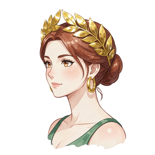 anime style portrait bust of a warm greek goddess, auburn/brown hair in an elegant updo, golden laurel leaf headpiece made of highly polished glossy gold leaves with sharp bright white specular highlights, sparkling metallic shine, reflective gold gloss, 