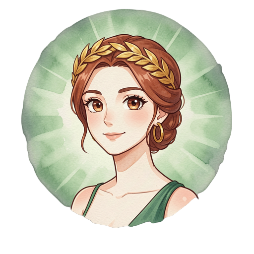 anime style portrait bust of a warm greek goddess, auburn/brown hair in an elegant updo, golden laurel leaf headpiece, gold hoop earrings, green dress strap on shoulder, gentle warm smile, large anime eyes, clean bold line art, vibrant cel-shaded coloring