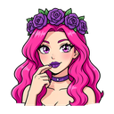 anime style portrait bust of a seductive greek goddess, long wavy bright pink hair, crown of purple roses, glossy purple lipstick, playful flirtatious expression, hand raised near chin/lips, choker necklace, large sparkling anime eyes, clean bold line art