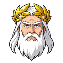 anime style portrait bust of zeus, elderly greek god, long flowing white hair and beard, stern serious expression, golden laurel wreath crown made of highly polished glossy gold leaves with sharp bright white specular highlights, sparkling metallic shine,