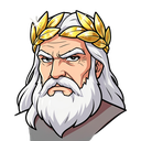 anime style portrait bust of zeus, elderly greek god, long flowing white hair and beard, stern serious expression, golden laurel wreath crown made of highly polished glossy gold leaves with sharp bright white specular highlights, sparkling metallic shine,