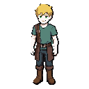 pixel art character sprite for a fantasy adventure rpg.  character: - white teenage boy (around 16-18 years old) - short messy blond hair - green eyes - friendly, determined expression - slim, athletic build - simple modern fantasy clothing