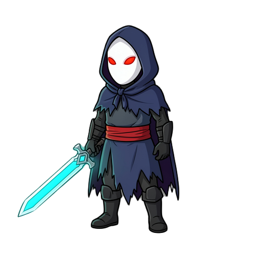 short humanoid warrior wearing a dark blue hood and torn cloak, smooth white oval mask with glowing red eyes, red waist sash, black gloves and boots, holding a large glowing cyan energy sword. dark fantasy sci-fi style, full body, transparent background.