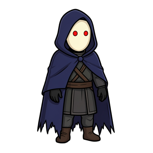a mysterious short humanoid warrior wearing a deep navy-blue hood and a long, heavy cloak with torn, pointed edges. his face is completely hidden behind a smooth oval ivory-white mask with no mouth or nose, featuring only two small circular glowing red ey