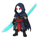 short humanoid warrior wearing a dark blue hood and torn cloak, smooth white oval mask with glowing red eyes, red waist sash, black gloves and boots, holding a large glowing cyan energy sword. dark fantasy sci-fi style, full body, transparent background.