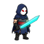 short humanoid warrior wearing a dark blue hood and torn cloak, smooth white oval mask with glowing red eyes, red waist sash, black gloves and boots, holding a large glowing cyan energy sword. dark fantasy sci-fi style, full body, transparent background.