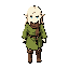 top-down rpg character, consistent young female elf, platinum blonde hair, blue eyes, fair skin, long pointed ears, olive green tunic, brown scarf, rope belt, brown boots, anime jrpg style, full body, natural pose, neutral expression, 45-degree top-down v