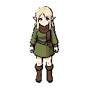 top-down rpg character, consistent young female elf, platinum blonde hair, blue eyes, fair skin, long pointed ears, olive green tunic, brown scarf, rope belt, brown boots, anime jrpg style, full body, natural pose, neutral expression, 45-degree top-down v
