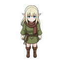 top-down rpg character, consistent young female elf, platinum blonde hair, blue eyes, fair skin, long pointed ears, olive green tunic, brown scarf, rope belt, brown boots, anime jrpg style, full body, natural pose, neutral expression, 45-degree top-down v
