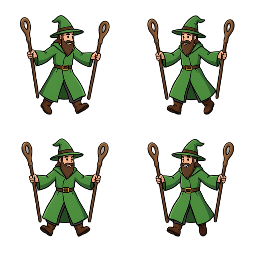 crie varios quadros de um mago com roupa verde e um cajado andando nas duas direção, e pulando tambem nas duas direção