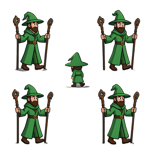 crie varios quadros de um mago com roupa verde e um cajado andando 