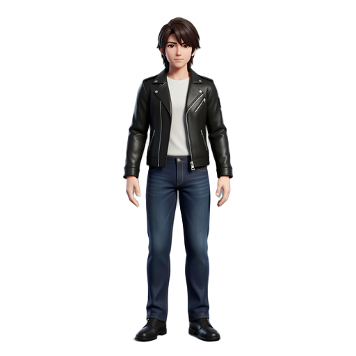 creat character with jaket leather black + t shirt white and pant jeans bleu darck and shos leather black +hair  style japanes like kyo kusanagi + color hair darck brown +eys brown  