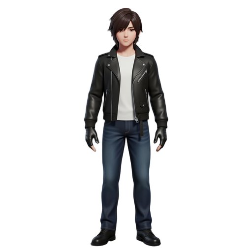 creat character with jaket lea +mini gloves darck leather  black + t shirt white and pant jeans bleu darck and shos leather black +hair  style japanes like kyo kusanagi + color hair darck brown +eys brown  