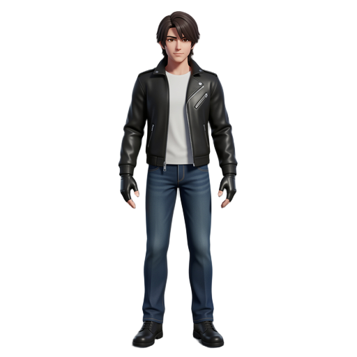 creat character with jaket lea +mini gloves darck leather ther black + t shirt white and pant jeans bleu darck and shos leather black +hair  style japanes like kyo kusanagi + color hair darck brown +eys brown  