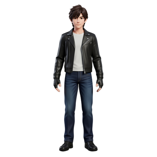 creat character with jaket lea +mini gloves darck leather ther black + t shirt white and pant jeans bleu darck and shos leather black +hair  style japanes like kyo kusanagi + color hair darck brown +eys brown  