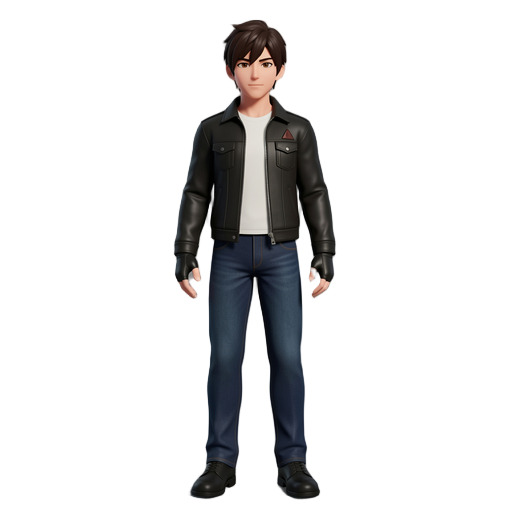 creat character with jaket lea +mini gloves darck leather ther black + t shirt white and pant jeans bleu darck and shos leather black +hair  style japanes like kyo kusanagi + color hair darck brown +eys brown  +barber triangle dark brown 