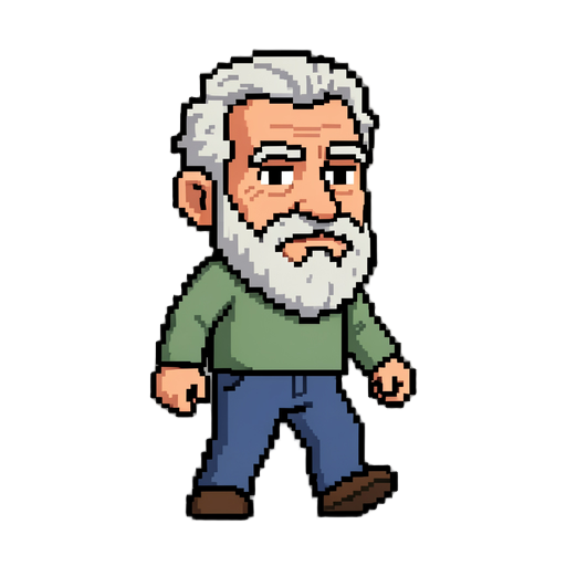 has unos sprites de movimiento para un señor en pixel art detallado, de unos 50 años, pixel art detallado, algunas canas en el pelo, tiene barba 