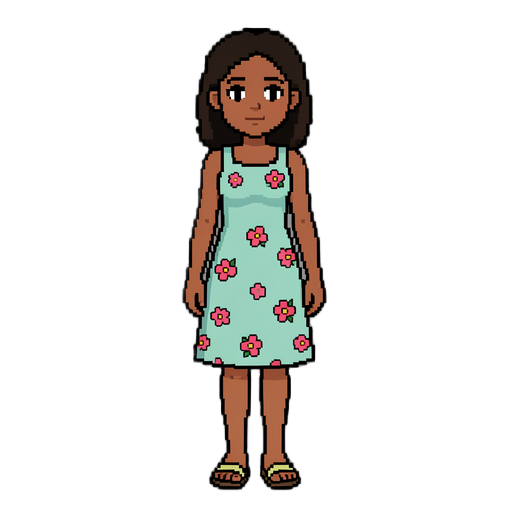 garota nordestina estilo pixel art avançada, vestido simples com florzinha, sandalia.