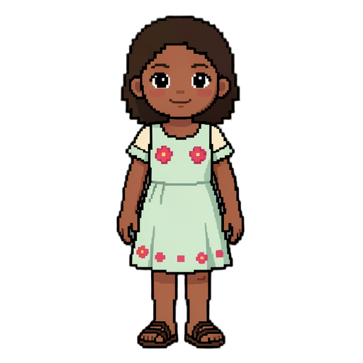 criança menina nordestina estilo pixel art avançada, vestido simples com florzinha, sandalia.
