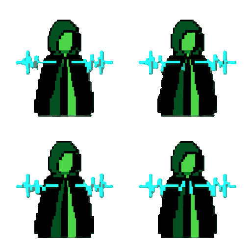 /animate 32x32 pixel art game sprite, hooded figure, black cloak,  glowing cyan soundwave lines pulsing, idle animation, 4 frames,  black background, sharp pixels, no anti-aliasing